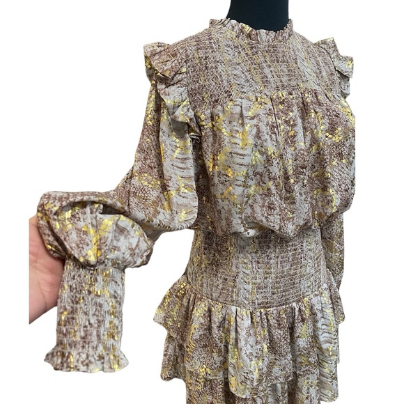 Endless Rose Metallic Animal Print Mini Dress Sz S Gold Ruffles Tier Long Sleeve - Picture 9 of 15
